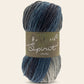 Blue and gray skein of yarn with 'Hayfield Spirit' label on a white background