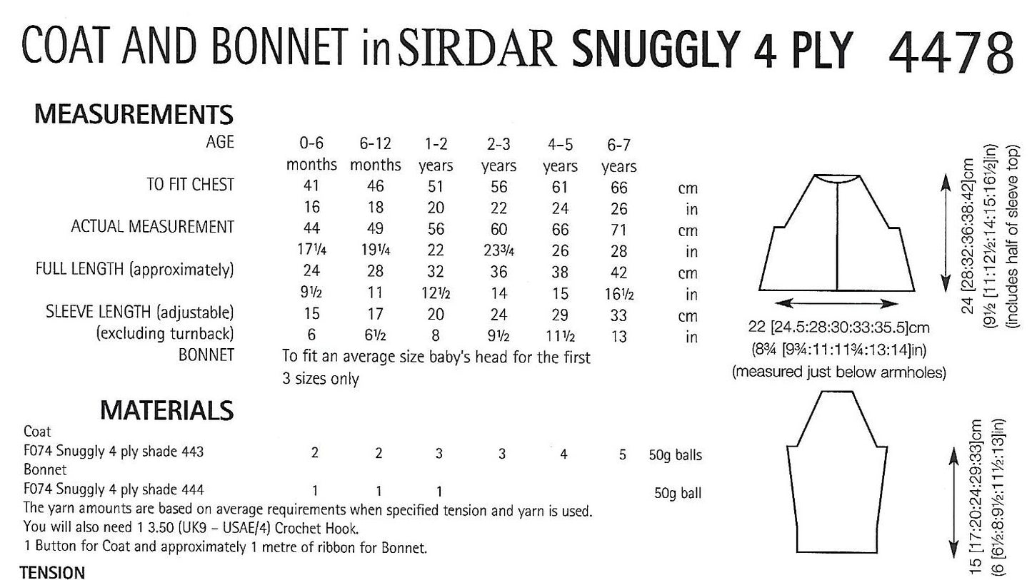 Crochet Pattern 4478 - Coat & Bonnet in Snuggly 4 Ply