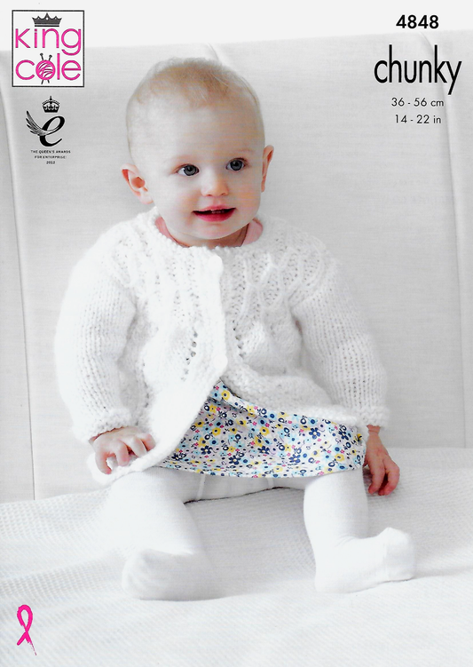 Knitting Pattern 4848 - Matinee Coat, Angel Top, Cardigan, & Blanket in Baby Soft Chunky