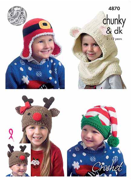 Knitting Pattern 4870 - Kids’ Christmas Novelty Hats Crocheted in Various Sizes Chunky & DK