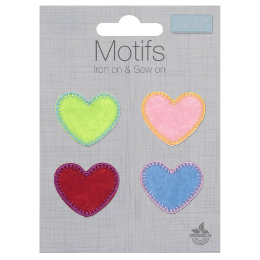 IRON ON MOTIF-  4 Coloured Hearts