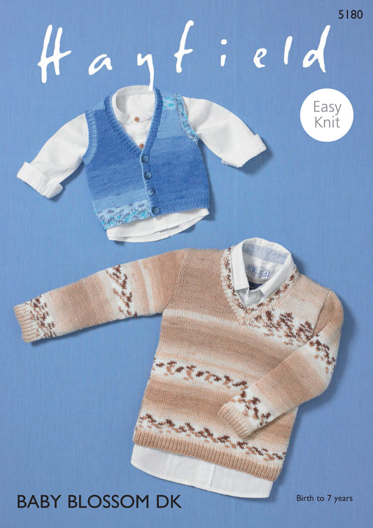 Knitting Pattern 5180 - Boys V Neck Vest & Sweater in Baby Blossom DK
