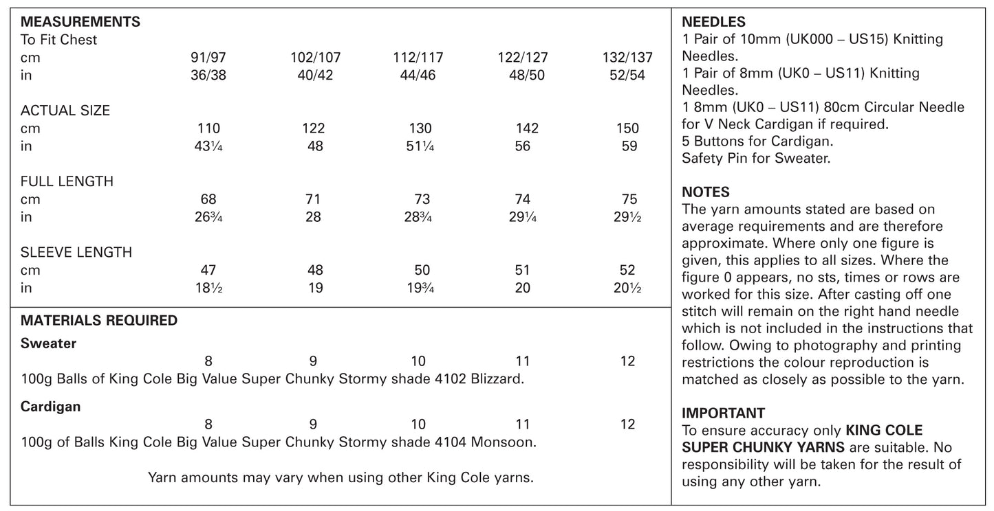 Knitting Pattern 5307 - V Neck Cardigan & Sweater Knitted in Big Value Super Chunky Stormy