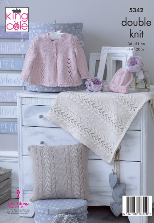 Knitting Pattern 5342 - Matinee Jacket, Hat, Cushion & Blanket Knitted in Finesse Cotton Silk DK