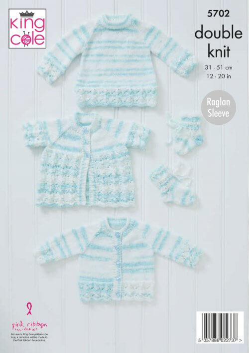 Knitting Pattern 5702 - Cardigan, Matinee Coat, Sweater & Booties Knitted in Baby Stripe DK