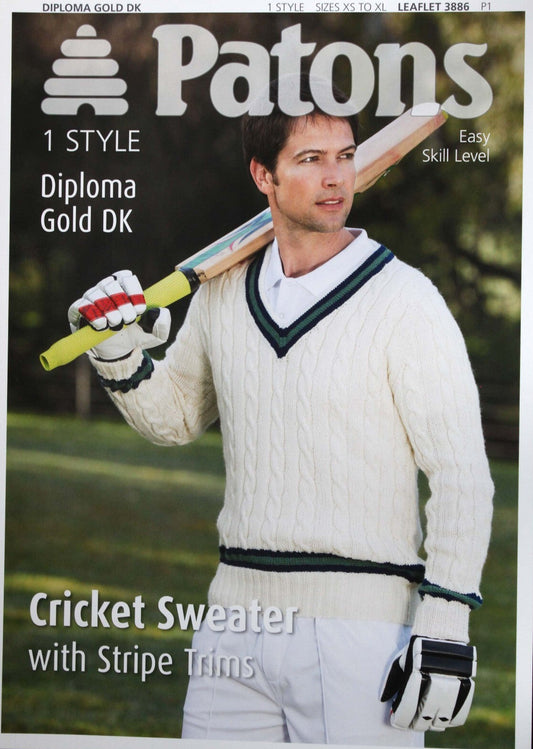 Knitting Pattern 3886 - Men's Cricket Sweater with Stripe Trim in DK