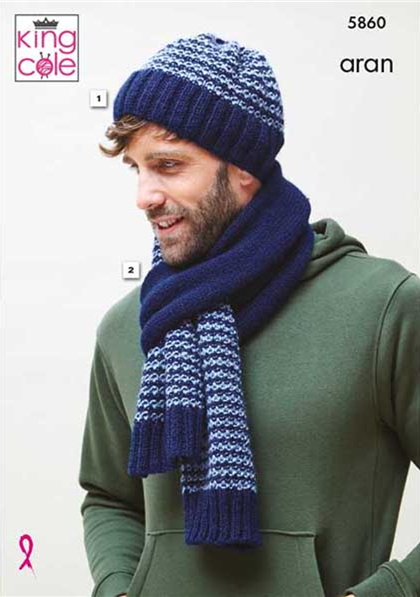 Knitting Pattern 5860 - Mens Hat & Scarf in Fashion Aran