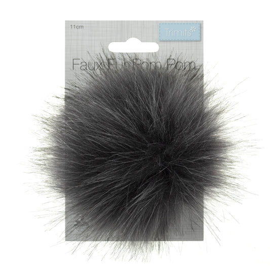 FAUX FUR POM POM - 1 Piece - 11cm - Grey Tipped