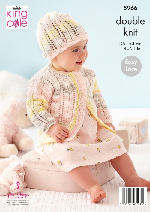 Knitting Pattern 5966 - Cardigan, Pinafore Dress, Hat & Bootees Knitted in Cherish DK