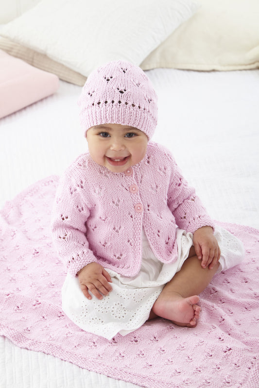Knitting Pattern 6180 - Cardigan, Hat, & Blanket Knitted in Cottonsoft DK