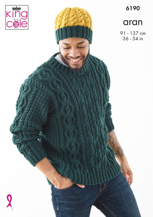 Knitting Pattern 6190 - Sweater, Slipover and Hat: Knitted in King Cole Big Value Aran