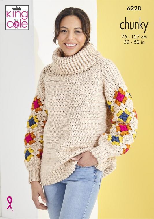 Crochet Pattern 6228 - Crocheted Sassy Sleeve Jumpers in Big Value Chunky