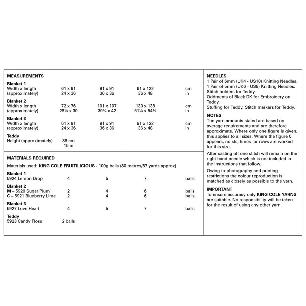 Knitting Pattern 6241 - Blankets and Teddy in Fruitilicious Chunky