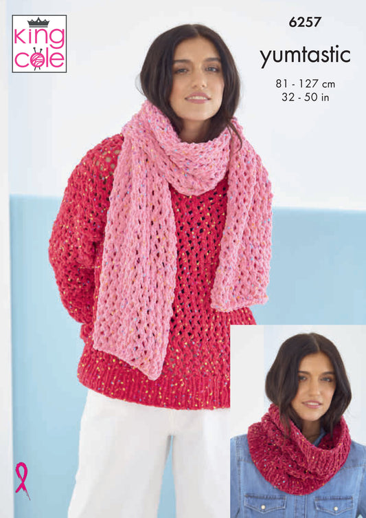 Knitting Pattern 6257 - Women’s Sweater and Accessories knitted in Yumtastic
