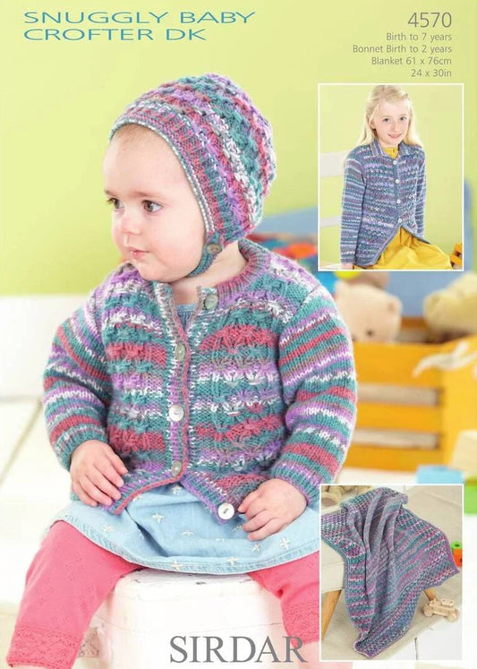 Knitting Pattern 4570 - Cardigans, Bonnet & Blanket in Baby Crofter DK