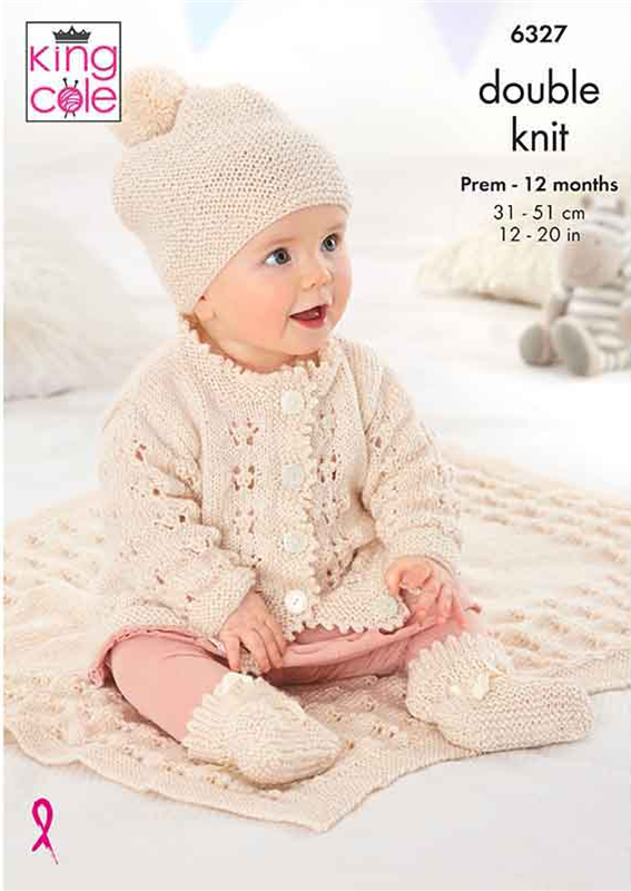 Knitting Pattern 6327 - Matinee Coat, Cardigan, Hats, Bootees and Blanket knitted in Glitz DK