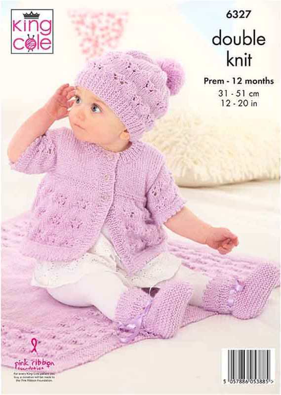 Knitting Pattern 6327 - Matinee Coat, Cardigan, Hats, Bootees and Blanket knitted in Glitz DK
