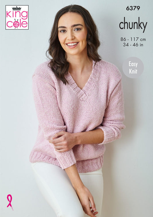 Knitting Pattern 6379 - V Neck Sweater and Top knitted in Simply Denim Chunky