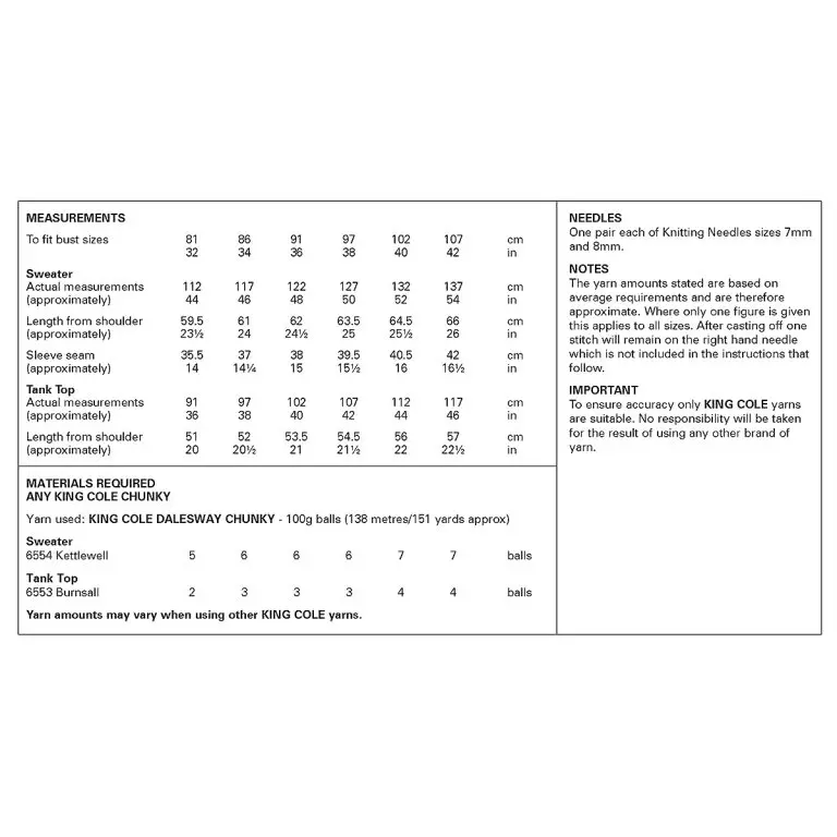 Knitting Pattern 6409 - Ladies’ Sweater and Tank Top knitted in Dalesway Chunky