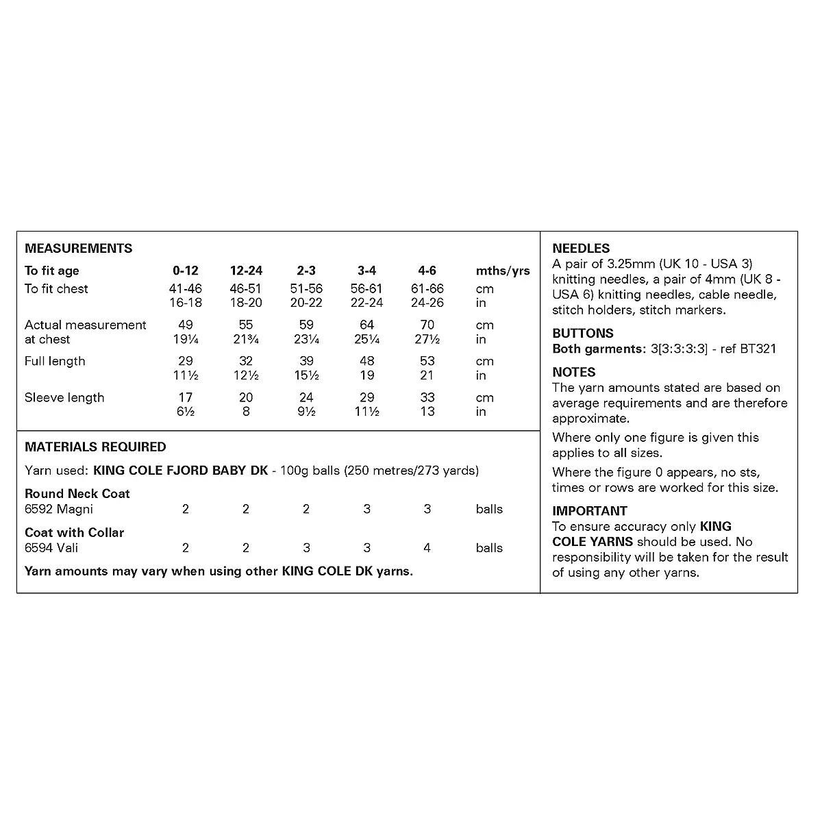 Knitting Pattern 6464 - Coats in Fjord Baby DK