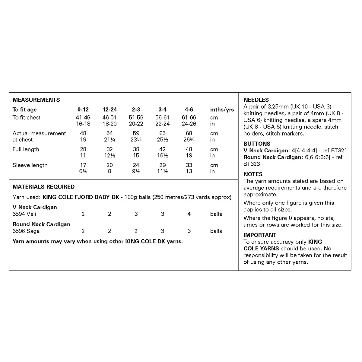 Knitting Pattern 6466 - Cardigans in Fjord Baby DK