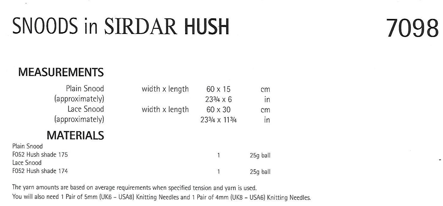 Knitting Pattern 7098 - Snoods in Sirdar Hush Lace Weight