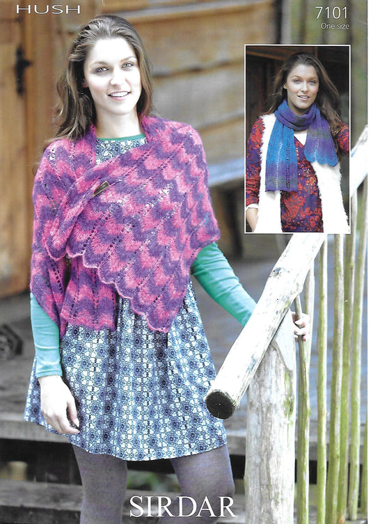 Knitting Pattern 7101 - Scarf & Shawl in Sirdar Hush Lace Weight