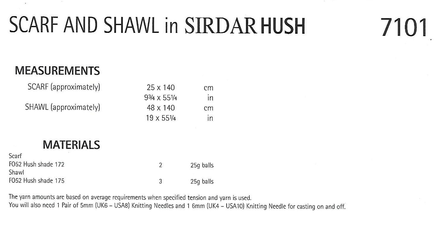Knitting Pattern 7101 - Scarf & Shawl in Sirdar Hush Lace Weight