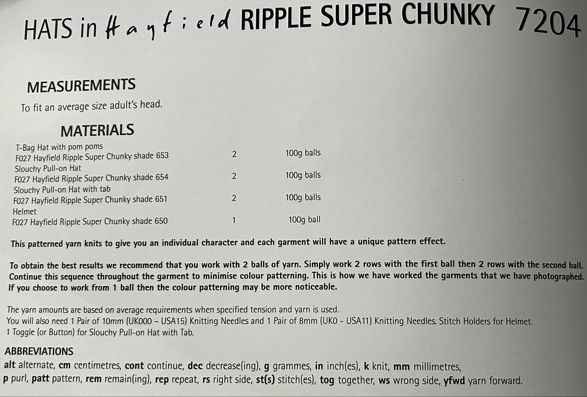 Knitting Pattern 7204 - Hats in Ripple Super Chunky