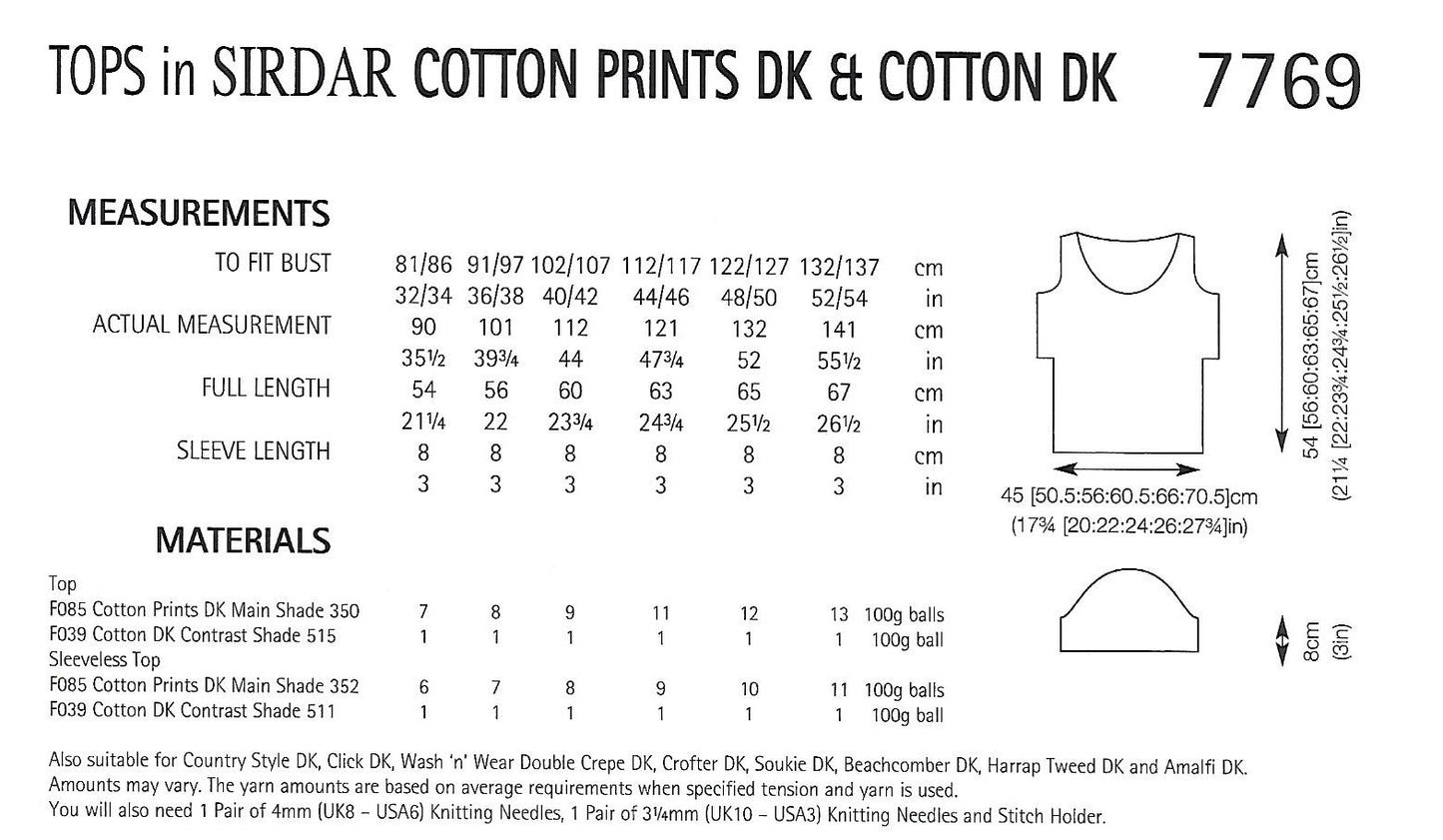 Knitting Pattern 7769 - Tops in Cotton Prints DK & Cotton DK