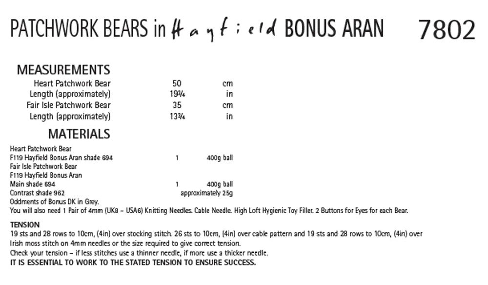 Knitting Pattern 7802 - Patchwork Bears in Bonus Aran