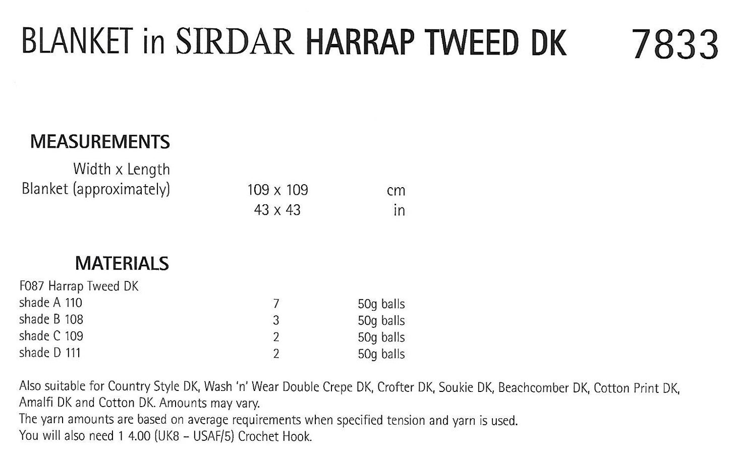 Crochet Pattern 7833 - Blanket in Harrap Tweed DK