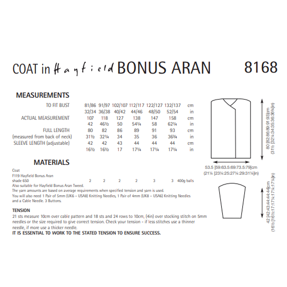 Knitting Pattern 8168 - Coat in Bonus Aran