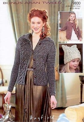 Knitting Pattern 9800 - Cardigans & T-Bag Hat in Bonus Aran Tweed