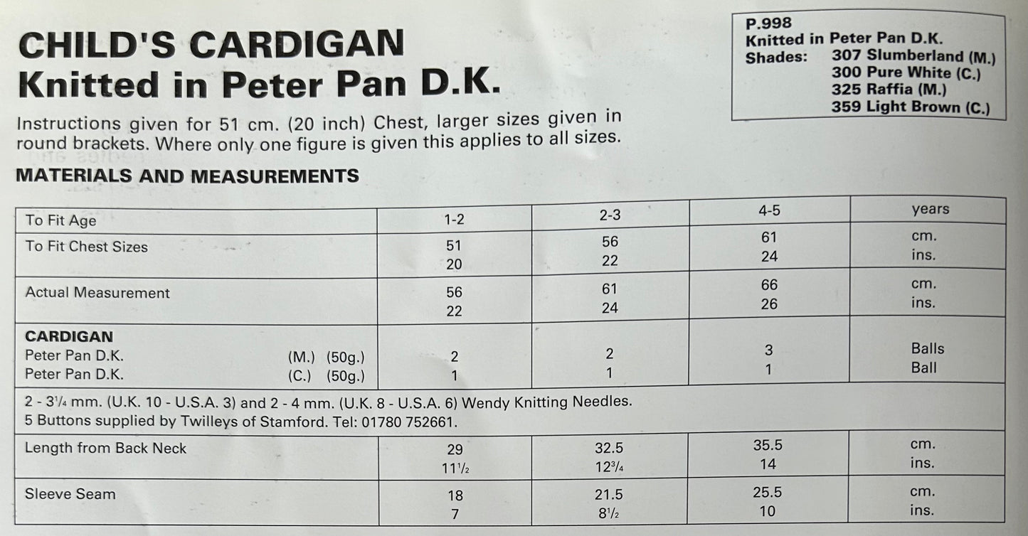 Knitting Pattern P998 - Childs Cardigan in Peter Pan DK