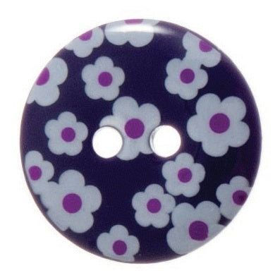 2 Hole Button - 18mm - Printed Flower - Dark Purple