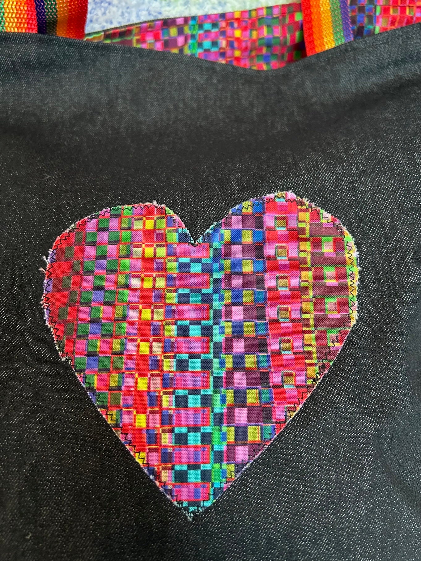 Handmade Tote/Project Bag - Black Denim/Rainbow