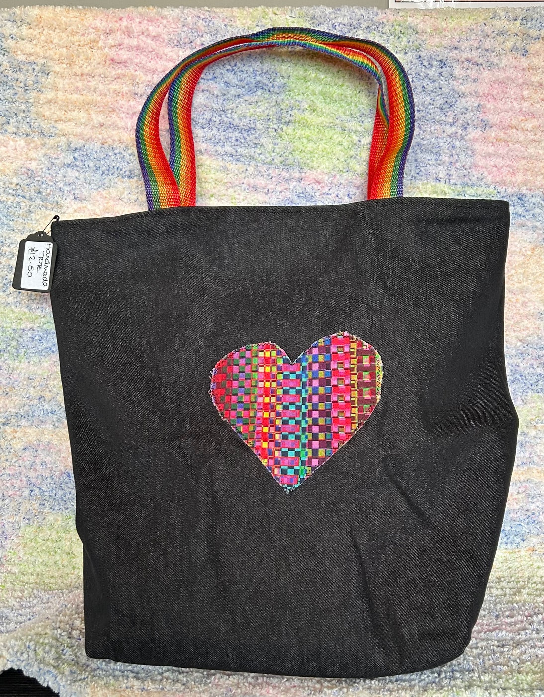 Handmade Tote/Project Bag - Black Denim/Rainbow