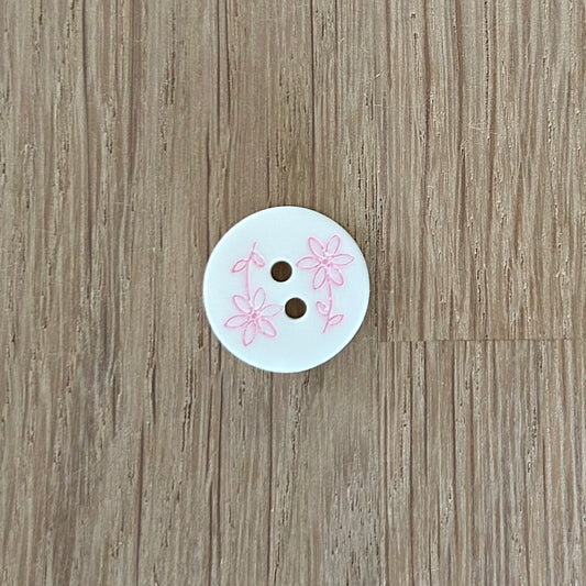 2 Hole Button - 15mm - White with Pink Flower