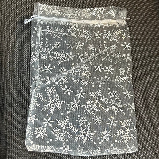 Snowflake Organza Drawstring Bag - White/Silver - 29cm x 20cm