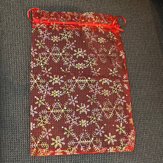 Snowflake Organza Drawstring Bag - Red/Gold - 29cm x 20cm
