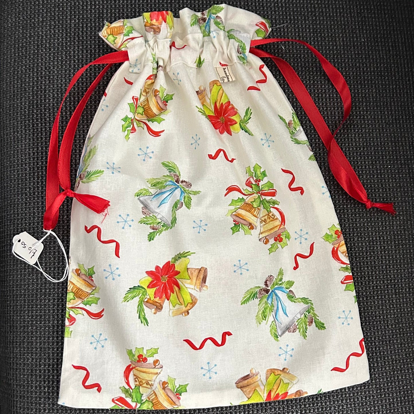 Hand Made - Drawstring Christmas Gift Bag - Jingle Bells