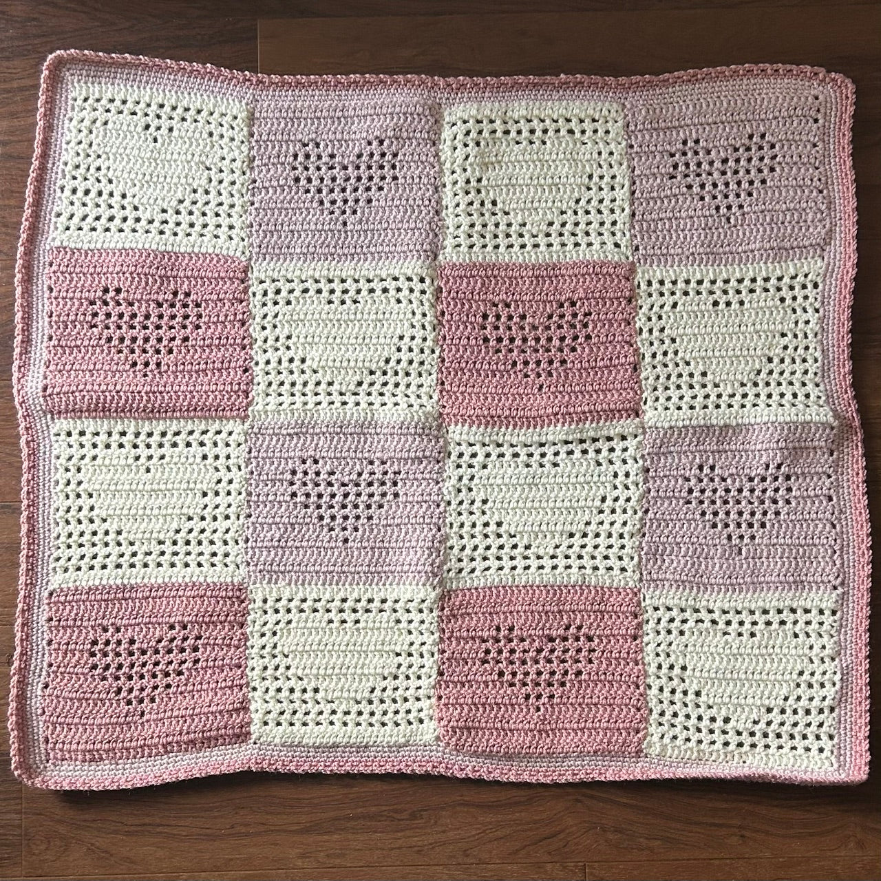 Hand Crocheted - Baby Blanket - Pink Hearts