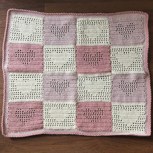 Hand Crocheted - Baby Blanket - Pink Hearts