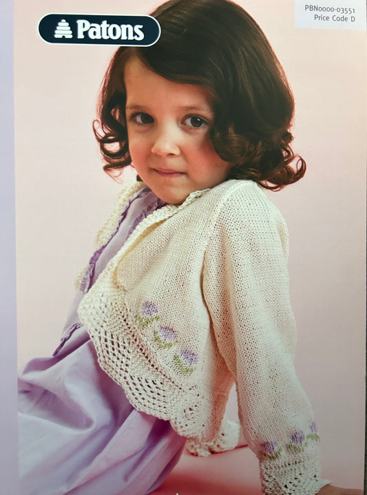 Knitting Pattern 3551 - Childs Lace Edged Bolero style Cardigan in Cotton 4 Ply