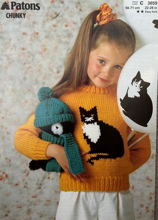 Knitting Pattern 3659 - Cat Motif Sweater in Chunky