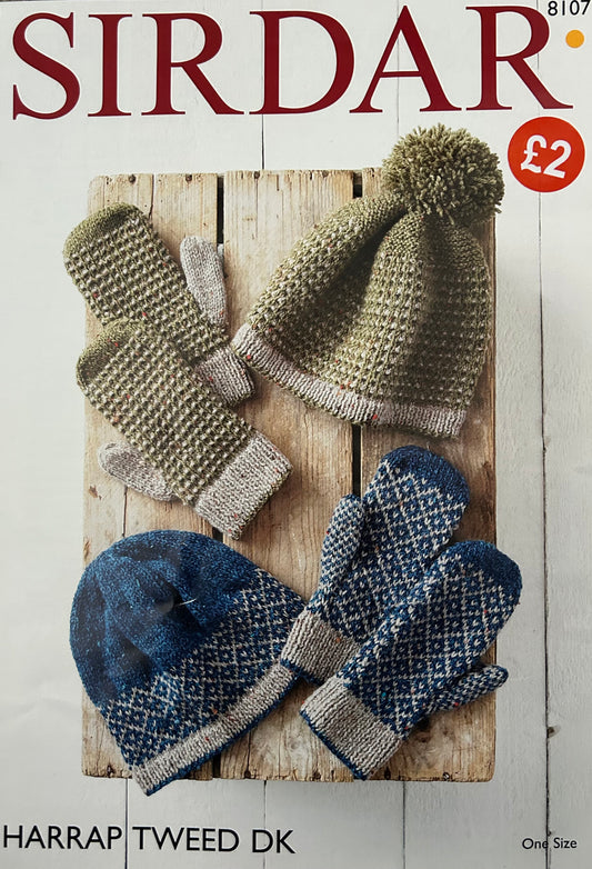 Knitting Pattern 8107 - Womens Hats & Mittens in Harrap Tweed DK