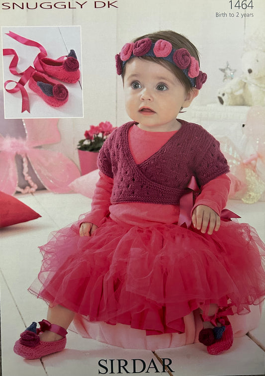 Knitting Pattern 1464 - Sugar Plum Fairy Cardigan, Shoes & Headband in Snuggly DK