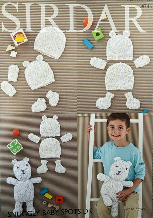 Knitting Pattern 4745 - Hats, Mittens, Booties & Bear in Snuggly Baby Spots DK
