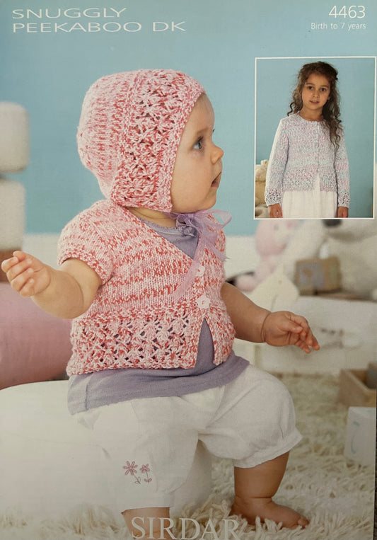 Knitting Pattern 4463 - Cardigans & Bonnet in Snuggly Peekaboo DK